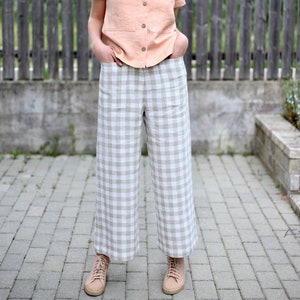 Checkered Linen High Waist Women Culottes/Wide Leg Linen Pants/OFFON CLOTHING