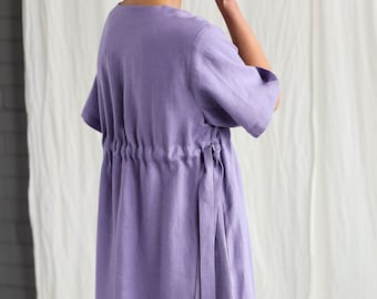 Lavender linen maxi dress with adjustable waist ties • OFFON CLOTHING