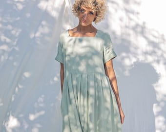 Sage green linen square neck dress SANTA  - Handmade by OFFON