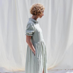 Linen button through dress MAY in sage green - Handmade by OFFON