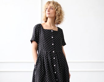 Linen short sleeve dress in polka dot / Button up linen dress / OFFON Clothing