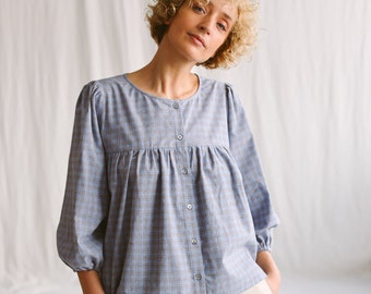 Puff sleeve blouse in plaid brushed cotton • OFFON CLOTHING