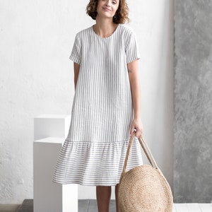 Striped linen dress / Loose linen dress / Short sleeve linen dress Handmade by OFFON CLOTHING image 2