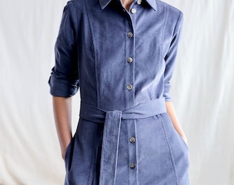 A-line denim blue needlecord dress Bonnie / OFFON Clothing