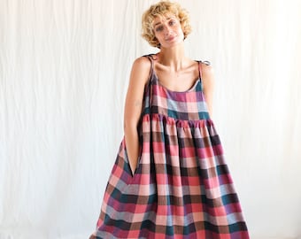 Loose tie strap linen sundress in checks • Handmade by OFFON Clothing