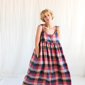 Loose tie strap linen sundress in checks • Handmade by OFFON Clothing