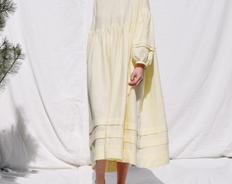 Oversized Linen Dress with Pleated Details - Handmade by OFFON CLOTHING