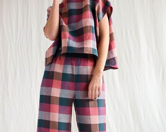 Linen two pieces suit in checks / Top and culottes linen set • OFFON Clothing