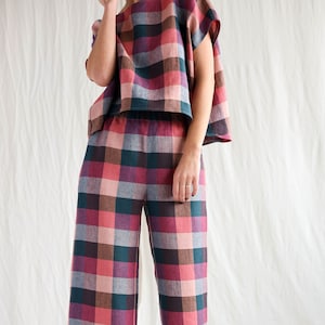 Linen two pieces suit in checks / Top and culottes linen set • OFFON Clothing