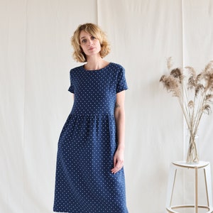 Casual loose MIDI linen dress in Polka Dot / Ruffled skirt linen dress / OFFON CLOTHING