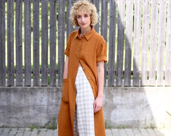 Oversize linen shirt dress in meerkat color / Handmade by OFFON CLOTHING