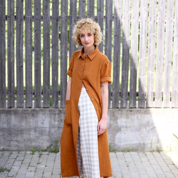 Oversize linen shirt dress in meerkat color / Handmade by OFFON CLOTHING