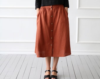 Midi Length Linen Skirt in Redwood color/OFFON CLOTHING