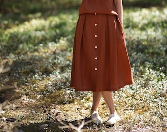 Linen Pleated Skirt / Midi Length Skirt / Handmade by OFFON