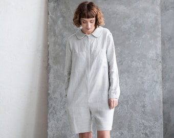 Linen Playsuit - Light Grey Linen Jumpsuit - Linen Overall - Linen Romper - Long Sleeve Jumpsuit - Handmade by OffOn