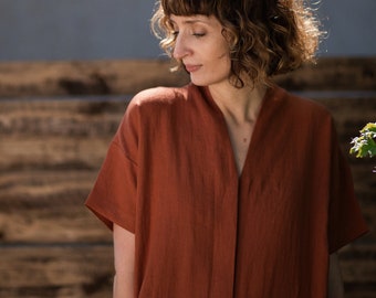 Linen jumpsuit with short sleeves in redwood/Handmade by OFFON CLOTHING
