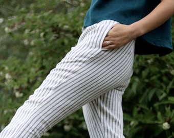 Cropped Linen Pants In Stripes / Linen Trousers / Classic Women Linen Pants / OFFON CLOTHING