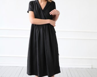Vestido cruzado de lino negro / OFFON CLOTHING