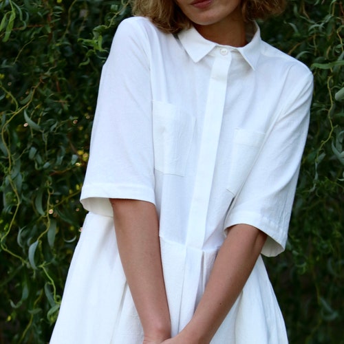 White Cotton Shirt Dress / Pleated Skirt Dress / OFFON CLOTHING