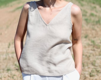 Linen sleeveless V-neck top / OFFON CLOTHING