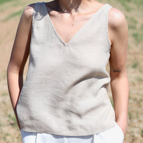 Linen Tank Top With Vneck Sleeveless Linen Top Light Linen Etsy
