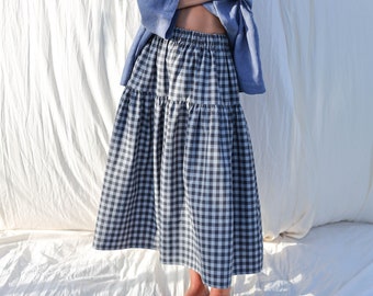 Checkered organic cotton tiered skirt with elasticated waist • OFFON CLOTHING