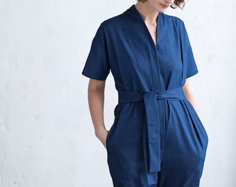 Denim tie-belt jumpsuit / Women jean overall / OFFON Clothing