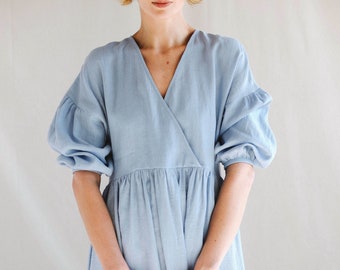 Linen V-neck puffy sleeve dress / OFFON CLOTHING