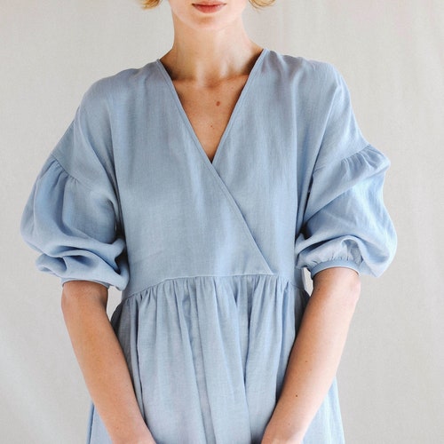 Linen V-neck puffy sleeve dress / OFFON CLOTHING
