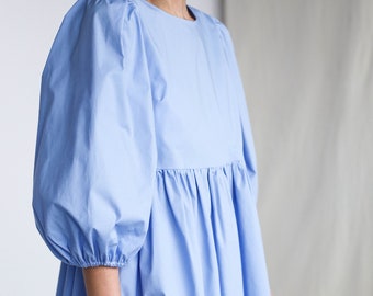 Robe à manches ballon / Robe en coton bleu ciel taille empire / VÊTEMENTS OFFON