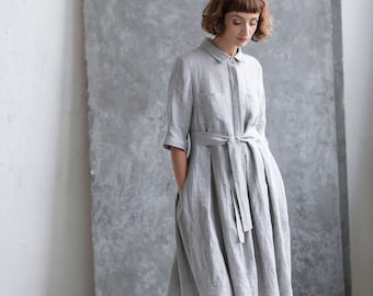 Linen dress/Linen shirt dress/Pleated skirt loose fit linen dress/OFFON CLOTHING