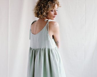 Loose linen dress in sage green color / Handmade by OFFON Clothing