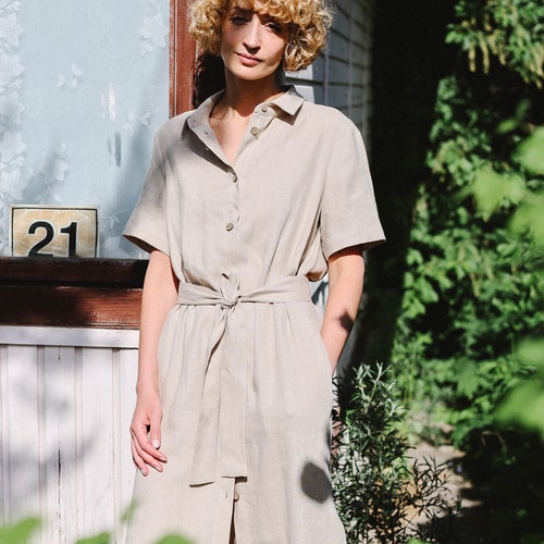 Linen Dress/ Linen Tie Belt Dress/ Linen Dress With Buttons Etsy