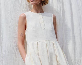 Sleeveless hand pleated skirt linen dress JUNE - Handmade by OFFON