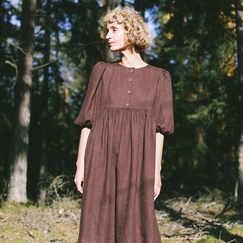 Linen dress / Empire waist puffy sleeve linen dress / Handmade by OFFON Clothing