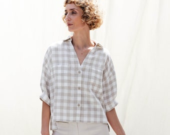 Linen V-neck loose fit shirt Polly / OFFON CLOTHING