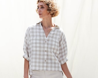 Linnen loose-fit overhemd met V-hals Polly / OFFON CLOTHING