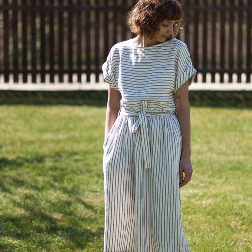 Linen summer dress / Striped Linen Tie Belt Dress / Handmade by OFFON CLOTHING