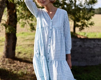 Cotton Boho dress/Checkered cotton dress with long sleeves/OFFON CLOTHING