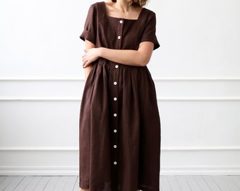 Linnen jurk in chocoladebruine kleur / OFFON Clothing