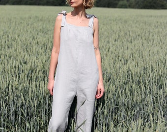 Tie-strap linen jumpsuit / Sleeveless linen romper / OFFON CLOTHING