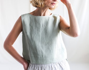 Linen sleeveless top. Cropped hem linen blouse. Handmade by OFFON Clothing