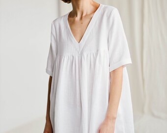 White linen smock mini dress CECILE / OFFON Clothing