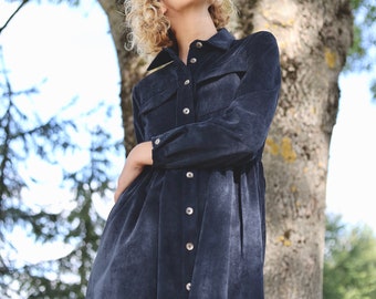 Corduroy shirt dress / Velvet shirt dress / Black shirt dress / OFFON CLOTHING