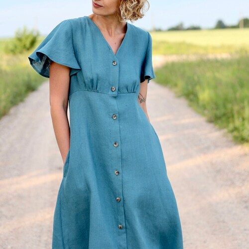 Linen dress with frill sleeves in light turquoise color/OFFON CLOTHING