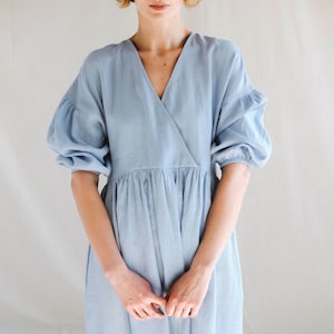 Linen V-neck puffy sleeve dress / OFFON CLOTHING