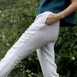 Cropped Linen Pants In Stripes / Linen Trousers / Classic Women Linen Pants / OFFON CLOTHING