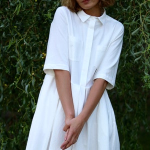 White Cotton Shirt Dress / Pleated Skirt Dress / OFFON CLOTHING image 1