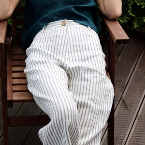 Striped Linen High Waist Women Culottes / Wide Leg Linen Pants / OFFON CLOTHING