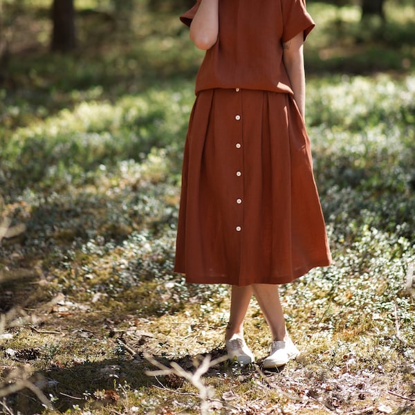 Linen Pleated Skirt / Midi Length Skirt / Handmade by OFFON